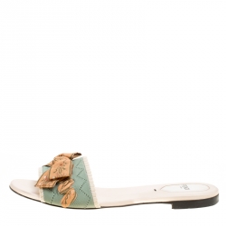 Pre Owned Fendi Moss Green Stretch Knit Bow Embellished Flat Slides Size 38.5