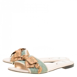 Pre Owned Fendi Moss Green Stretch Knit Bow Embellished Flat Slides Size 38.5