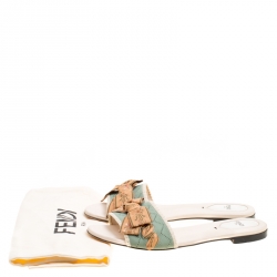 Pre Owned Fendi Moss Green Stretch Knit Bow Embellished Flat Slides Size 38.5