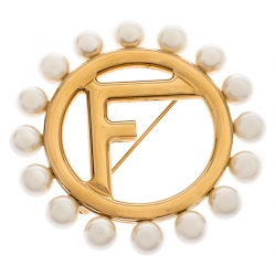 Fendi Faux Pearl Gold Tone Pin Brooch