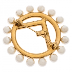 Fendi Faux Pearl Gold Tone Pin Brooch