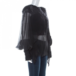 Pre Owned Fendi Black Sheer Silk Ruched Power Shoulder Blouse M