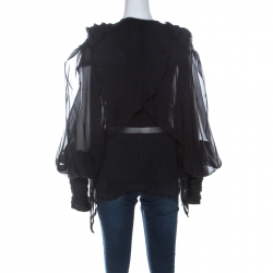Pre Owned Fendi Black Sheer Silk Ruched Power Shoulder Blouse M