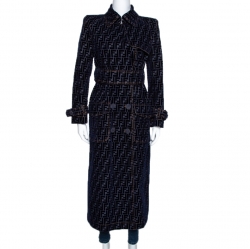 Fendi Blue Zucca Flock Printed Denim Belted Trench Coat S