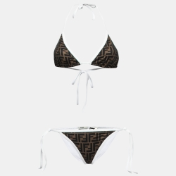 Fendi Brown/ White FF Monogram Print Nylon Triangle Bikini S