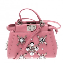 Pre Owned Fendi Pink Leather Micro Crystal Embellished Peekaboo Crossbody Bag