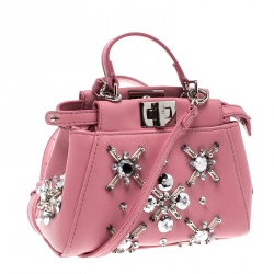 Pre Owned Fendi Pink Leather Micro Crystal Embellished Peekaboo Crossbody Bag
