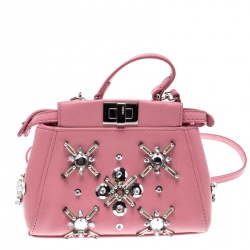 Pre Owned Fendi Pink Leather Micro Crystal Embellished Peekaboo Crossbody Bag