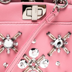 Pre Owned Fendi Pink Leather Micro Crystal Embellished Peekaboo Crossbody Bag