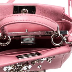 Pre Owned Fendi Pink Leather Micro Crystal Embellished Peekaboo Crossbody Bag