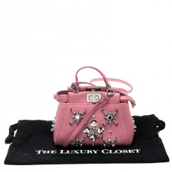 Pre Owned Fendi Pink Leather Micro Crystal Embellished Peekaboo Crossbody Bag