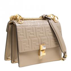 Pre Owned Fendi Taupe Leather Small Kan I Logo Embossed Shoulder Bag