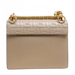 Pre Owned Fendi Taupe Leather Small Kan I Logo Embossed Shoulder Bag