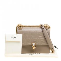 Pre Owned Fendi Taupe Leather Small Kan I Logo Embossed Shoulder Bag