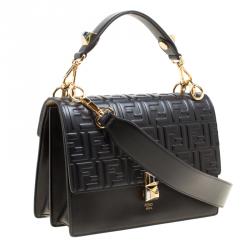 Pre Owned Fendi Black Leather Kan I Logo Embossed Top Handle Shoulder Bag