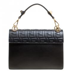 Pre Owned Fendi Black Leather Kan I Logo Embossed Top Handle Shoulder Bag