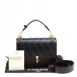 Pre Owned Fendi Black Leather Kan I Logo Embossed Top Handle Shoulder Bag