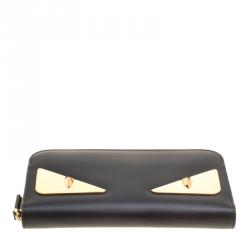 Pre Owned Fendi Black Leather Metallic Monster Eyes Bugs Zip Around Wallet
