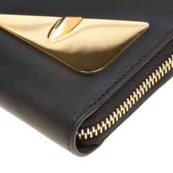 Pre Owned Fendi Black Leather Metallic Monster Eyes Bugs Zip Around Wallet