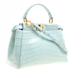 Pre Owned Fendi Mint Green Crocodile Mini Peekaboo Top Handle Bag