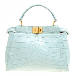 Pre Owned Fendi Mint Green Crocodile Mini Peekaboo Top Handle Bag