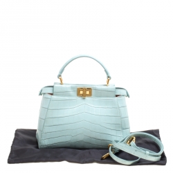 Pre Owned Fendi Mint Green Crocodile Mini Peekaboo Top Handle Bag