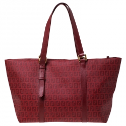 Pre Owned Fendi Red Zucchino Coated Canvas and Leather Superstar Shopper Tote