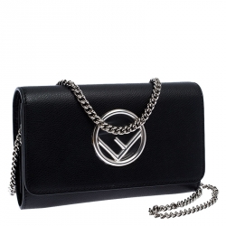 Pre Owned Fendi Black Leather F Chain Clutch