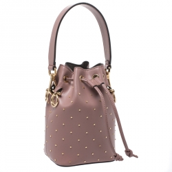 Pre Owned Fendi Rose Pink Studded Leather Mini Mon Tresor Drawstring Bucket Bag