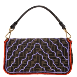 Pre Owned Fendi Tobacco Zucca Canvas and Multicolor Embroidered Convertible Baguette Bag