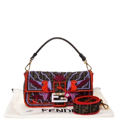 Pre Owned Fendi Tobacco Zucca Canvas and Multicolor Embroidered Convertible Baguette Bag