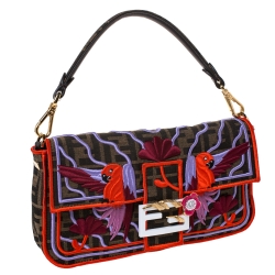 Pre Owned Fendi Tobacco Zucca Canvas and Multicolor Embroidered Convertible Baguette Bag