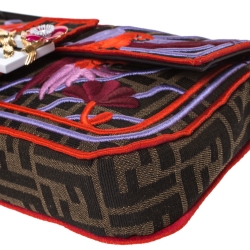 Pre Owned Fendi Tobacco Zucca Canvas and Multicolor Embroidered Convertible Baguette Bag