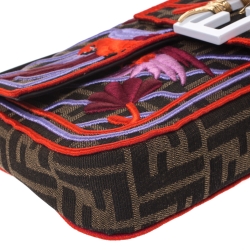 Pre Owned Fendi Tobacco Zucca Canvas and Multicolor Embroidered Convertible Baguette Bag