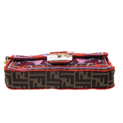 Pre Owned Fendi Tobacco Zucca Canvas and Multicolor Embroidered Convertible Baguette Bag