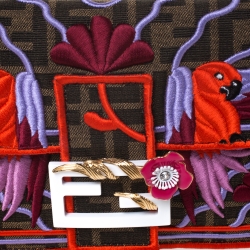 Pre Owned Fendi Tobacco Zucca Canvas and Multicolor Embroidered Convertible Baguette Bag