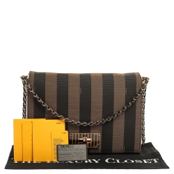 Pre Owned Fendi Tobacco Pequin Canvas Large Claudia Shoulder Bag