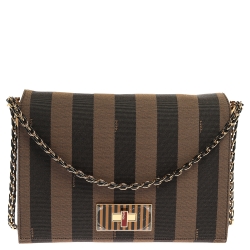 Pre Owned Fendi Tobacco Pequin Canvas Large Claudia Shoulder Bag