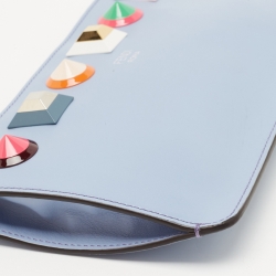 Pre Owned Fendi Light Blue Leather Studded Wristlet Pouch