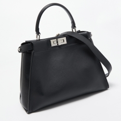 Pre Owned Fendi Black Leather Medium Peekaboo Snakeskin Lining Top Handle Bag