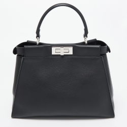 Pre Owned Fendi Black Leather Medium Peekaboo Snakeskin Lining Top Handle Bag