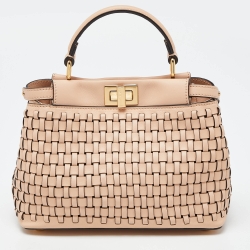 Pre Owned Fendi Pink Woven Leather Mini Peekaboo Top Handle Bag