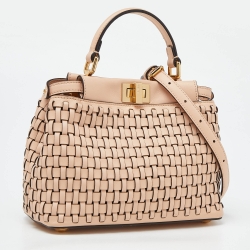 Pre Owned Fendi Pink Woven Leather Mini Peekaboo Top Handle Bag