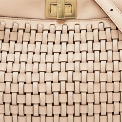 Pre Owned Fendi Pink Woven Leather Mini Peekaboo Top Handle Bag