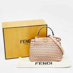 Pre Owned Fendi Pink Woven Leather Mini Peekaboo Top Handle Bag