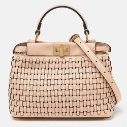 Pre Owned Fendi Pink Woven Leather Mini Peekaboo Top Handle Bag