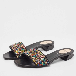Pre Owned Fendi Black Satin Crystal Embellished Slide Sandals Size 39