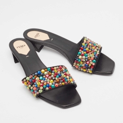 Pre Owned Fendi Black Satin Crystal Embellished Slide Sandals Size 39