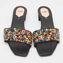 Pre Owned Fendi Black Satin Crystal Embellished Slide Sandals Size 39