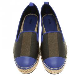 Pre Owned Fendi Brown Peqiun Striped Canvas and Blue Leather Cap Toe Espadrilles Size 38.5